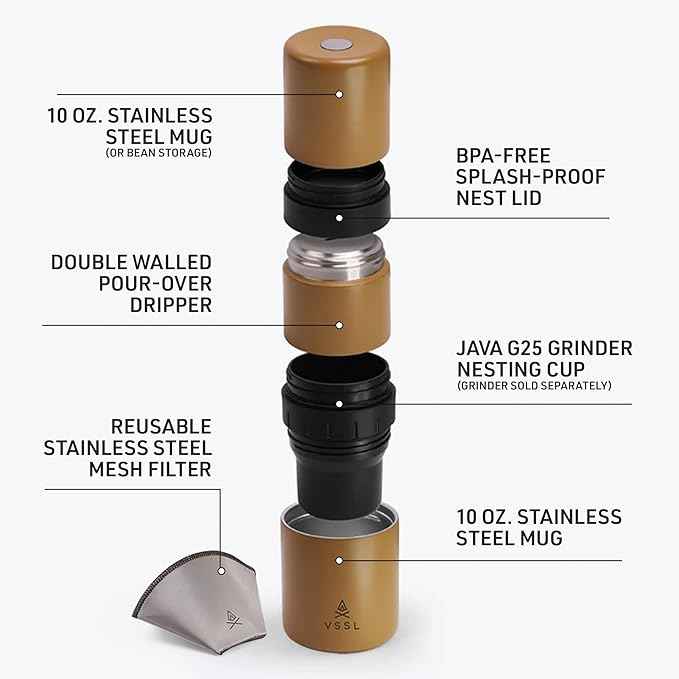 VSSL - Nest Pour Over Coffee Kit | Coffee Maker for Camping | All-In-One Travel Pour Over | Transportable Dripper, Two 10oz Stainless Steel Travel Mugs | Compact Storage & Adventure Ready | Sahara