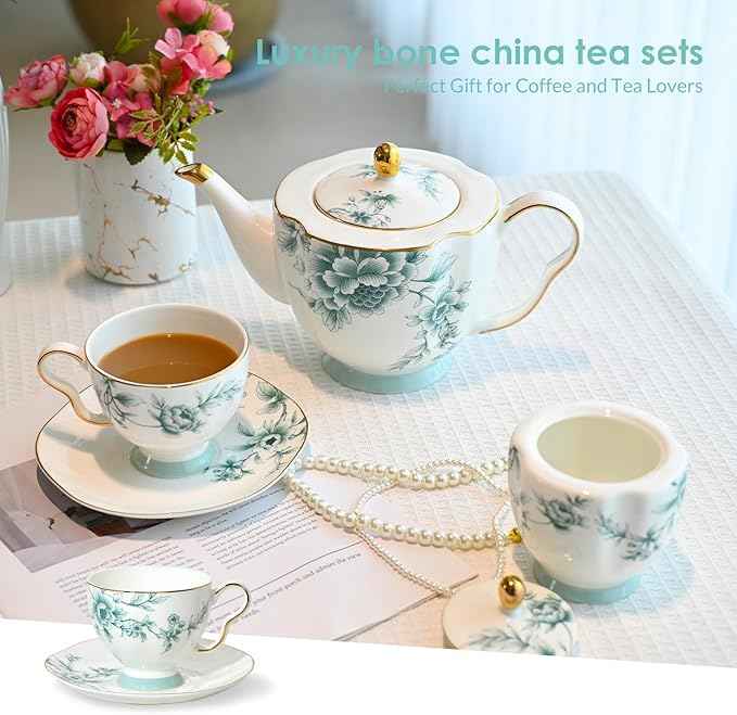 ACMLIFE Bone China Tea Sets for Adults, Blue and White Tea Gift Set, 21 Piece Porcelain, Cup and Saucer Set for 6 Vintage Floral Party for Women or Christmas Gifts Giving (Blue-Leaf-21)