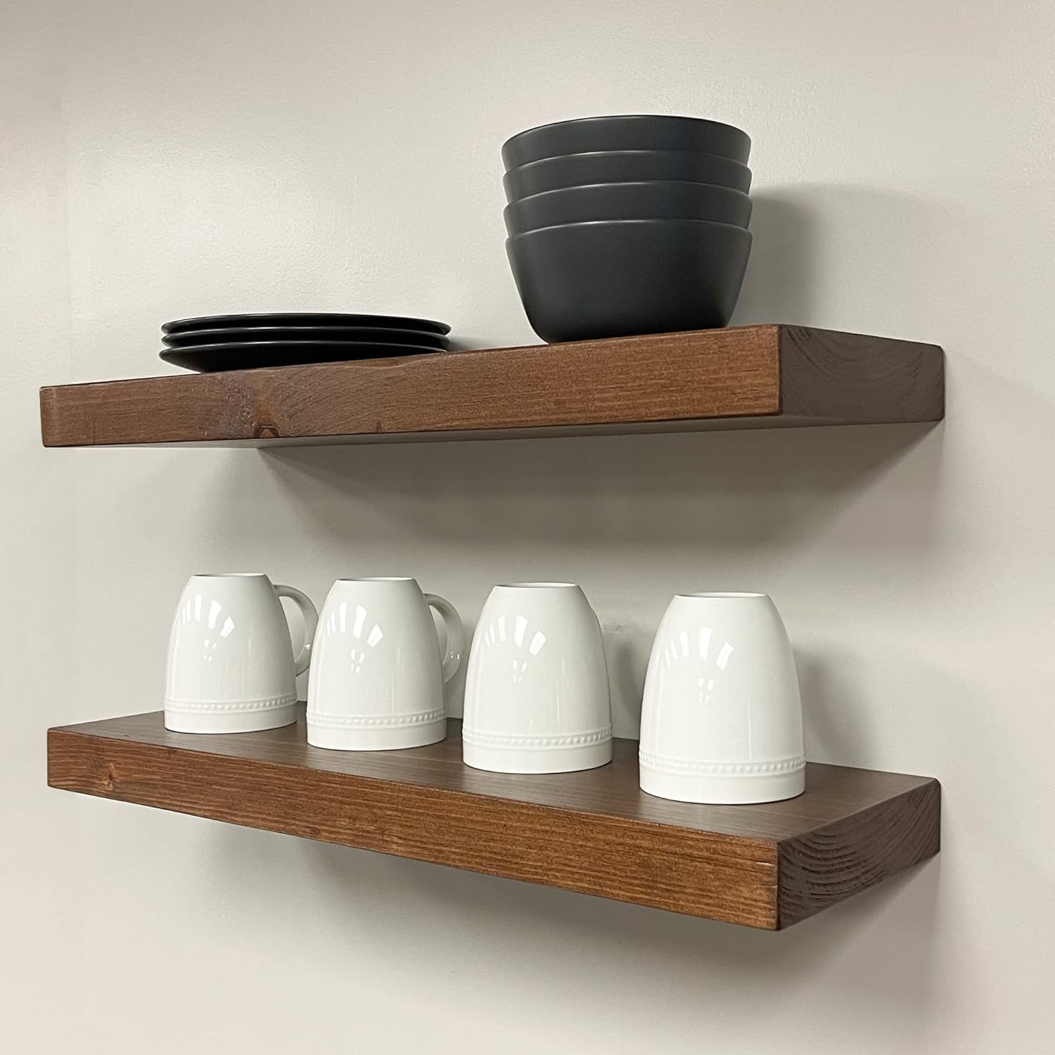 URBANDI, Rustic Floating Shelves, Set of 2, Hidden Bracket, Solid Wood, Heavy Duty, Wall Mounted Shelves, (Provincial, 48Wx8D)