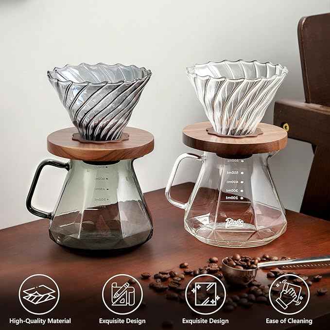 Bincoo Pour Over Coffee Maker Set - Borosilicate Glass Dripper with Walnut Handle & Glass Lid, 50 pcs Paper Filters Included - 600ml Pour Over Coffee Dripper for Home, Café, & Camping (Dark Gray)