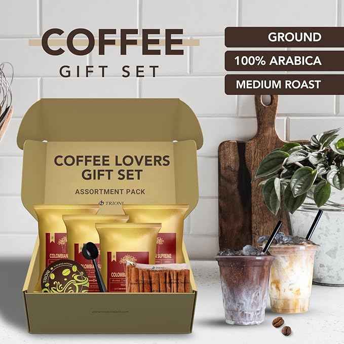 Colombian Coffee Sampler Gift Set Includes Four (4x2.5oz) Ground Coffee Medium Roast Individual Coffee Packets with Cinnamon Sticks, Coaster, Clip and Spoon. Coffee Gifts for Coffee Lovers by TRIONI