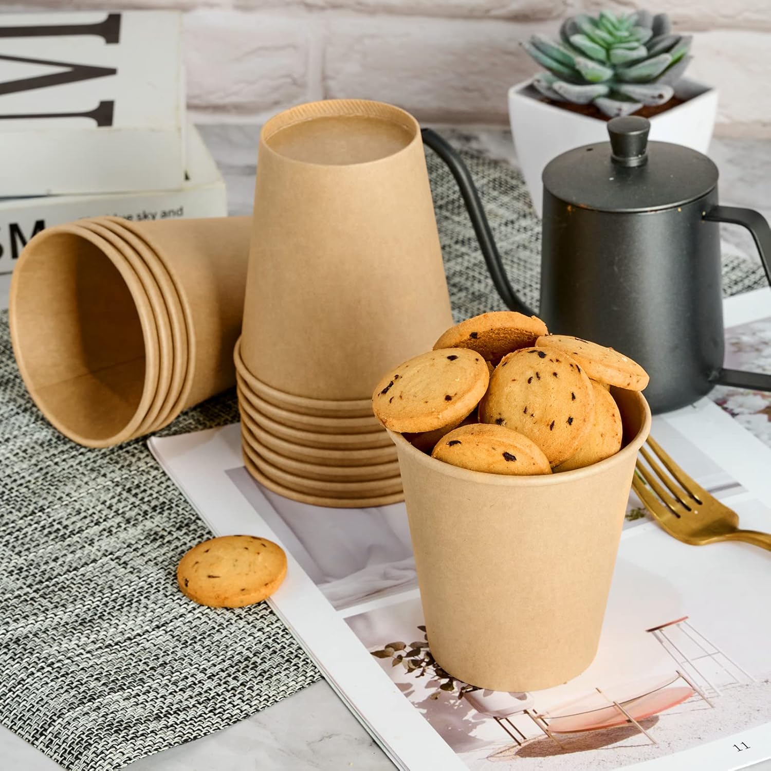 LITOPAK 100 Pack 10 oz Kraft Paper Coffee Cups for Water, Juice, and Tea, Disposable Hot Coffee Cups for Home, Restaurant, Store, and Cafe