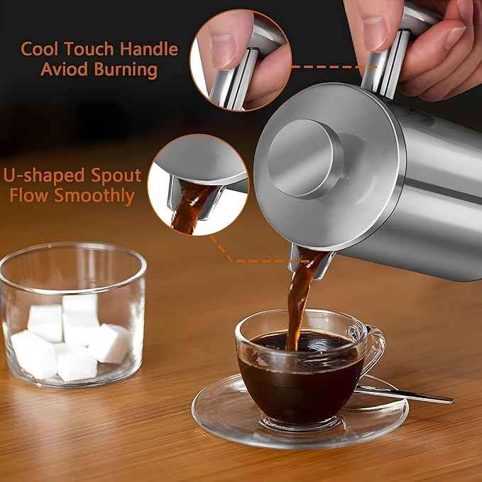 Small French Press Coffee Maker 1 Cup - 12oz/350ml Single Cup Metal French Press(1 Cup), Stainless Steel Double Wall Insulated Coffee & Tea Maker w/ 3 Extra Screens + 1 Spoon (Silver), Dishwasher Safe