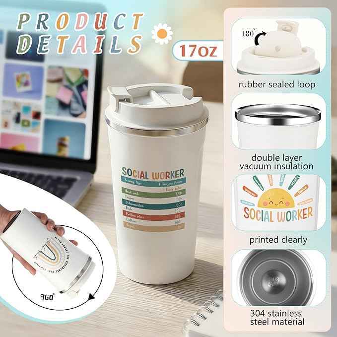 Yungyan 6 Pcs Social Work Month Gifts Social Worker Appreciation Gifts for Women Men Coworker Office Stainless Steel Insulated Tumblers Coffee Travel Mug Cup with Lid for Bsw Msw Dsw