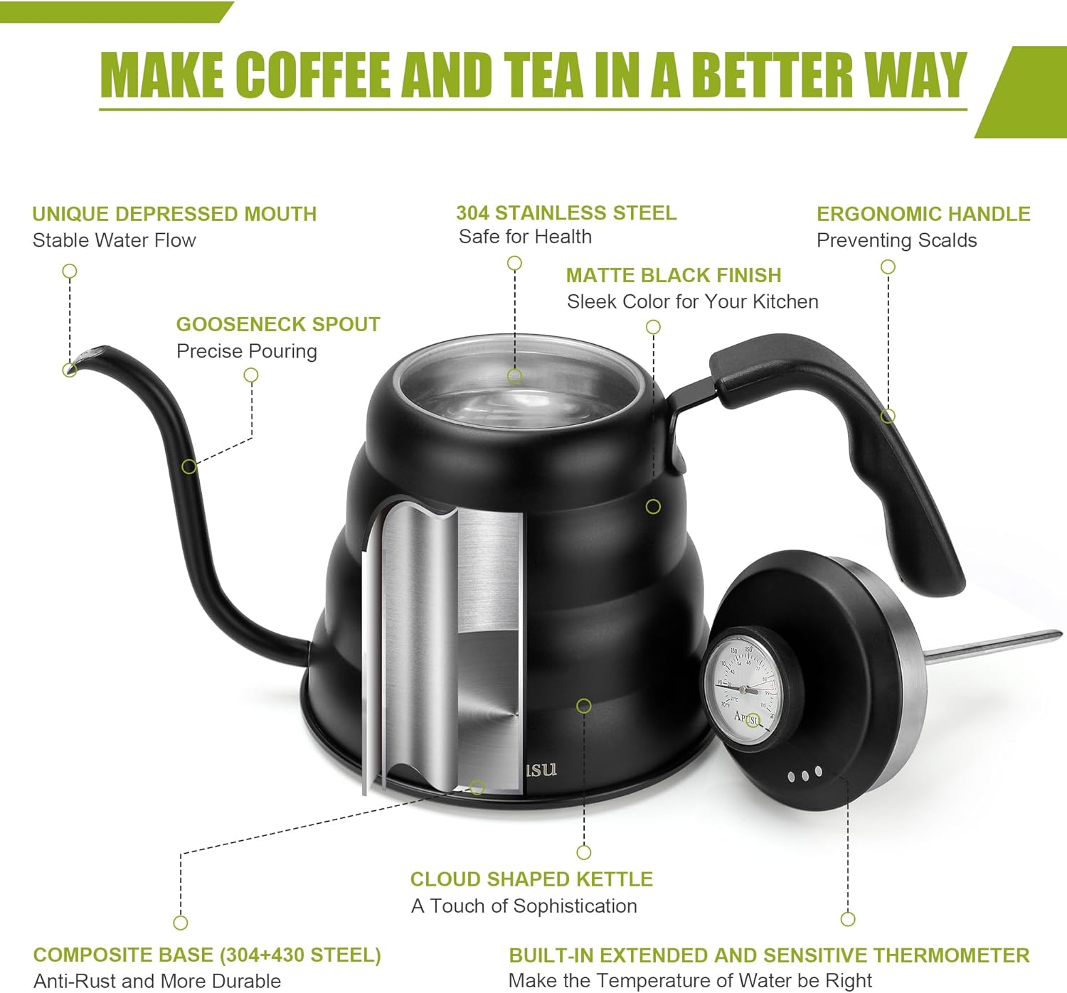 Tea Kettle with Thermometer Pot Black Stovetop Tea Kettle 40oz Gooseneck Kettle Teapot Pour Over Coffee Kettle with Thermometer,1200ml,6 Cup,Black,1Pack