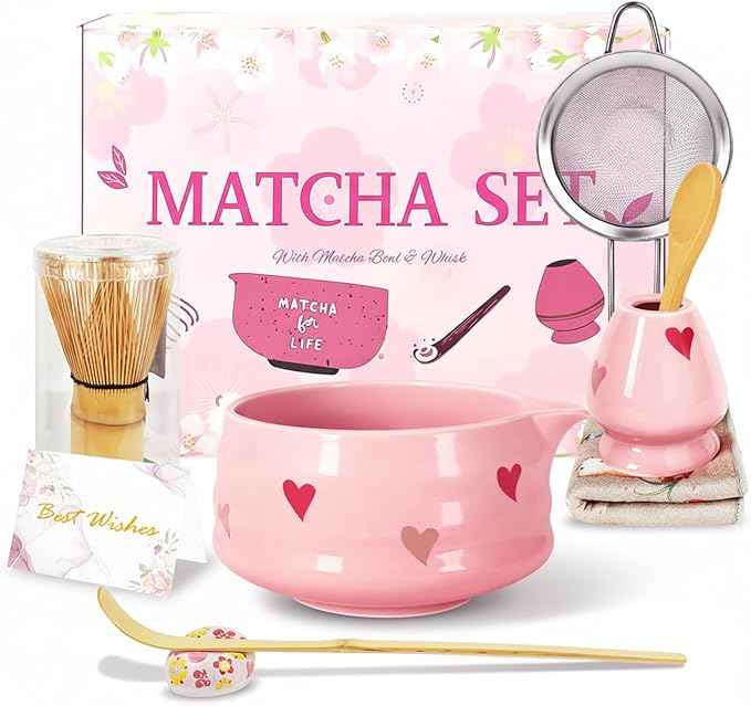 8Pcs Cute Ceramic Matcha Set with Whisk Bowl, Matcha Tea Kit Holder, Bamboo Scoop, Sifter, Towel Included, Valentine's Mother's Day Gift for Matcha Lover Women (Heart Shape Pink)