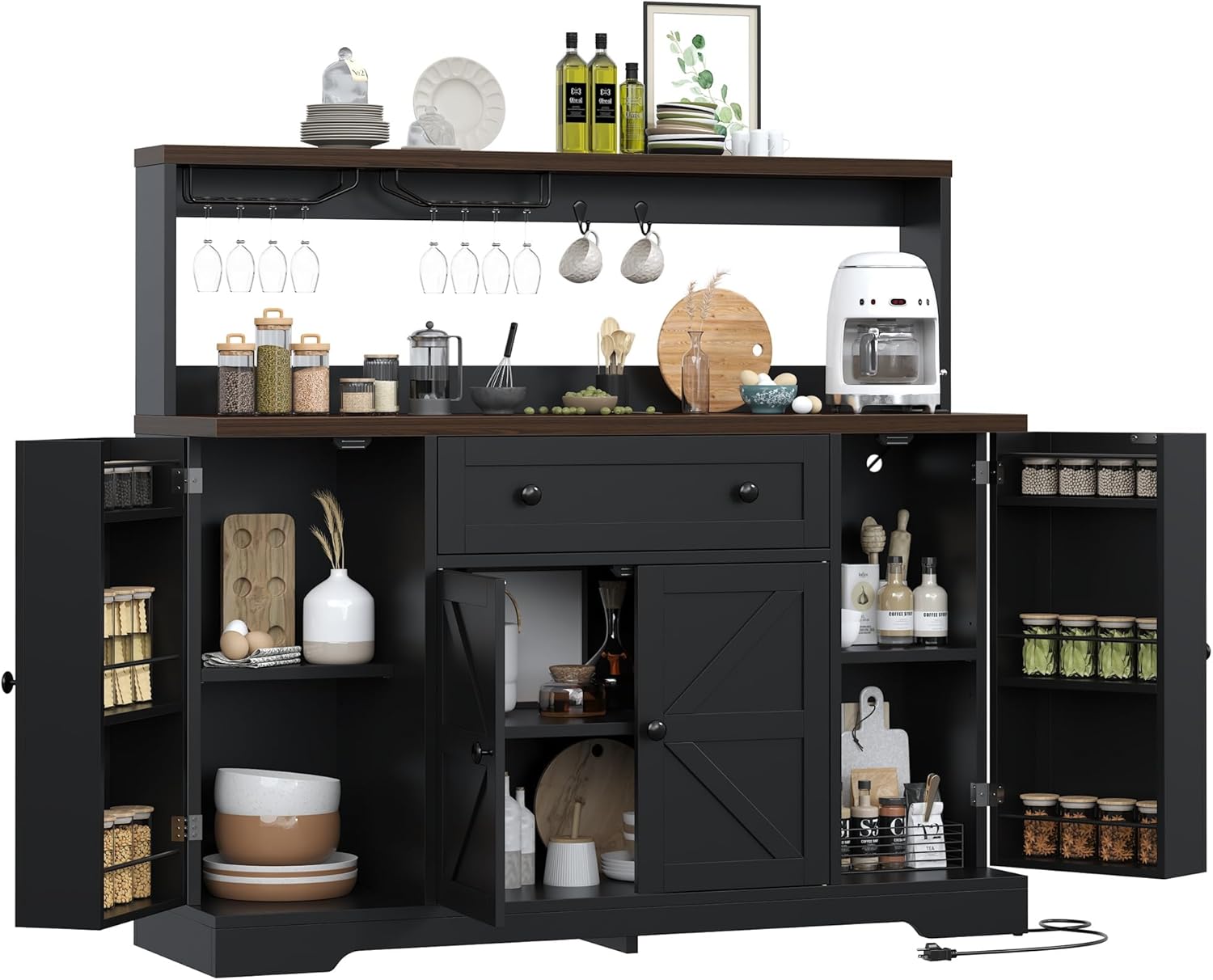 Hutch Storage Buffet Cabinet with Drawers, and Charging Station, Coffee Bar Cabinet with Barn Doors, Wine Rack and Hooks, White Wood Sideboard Buffet for Kitchen, Dining Room, 47.8
