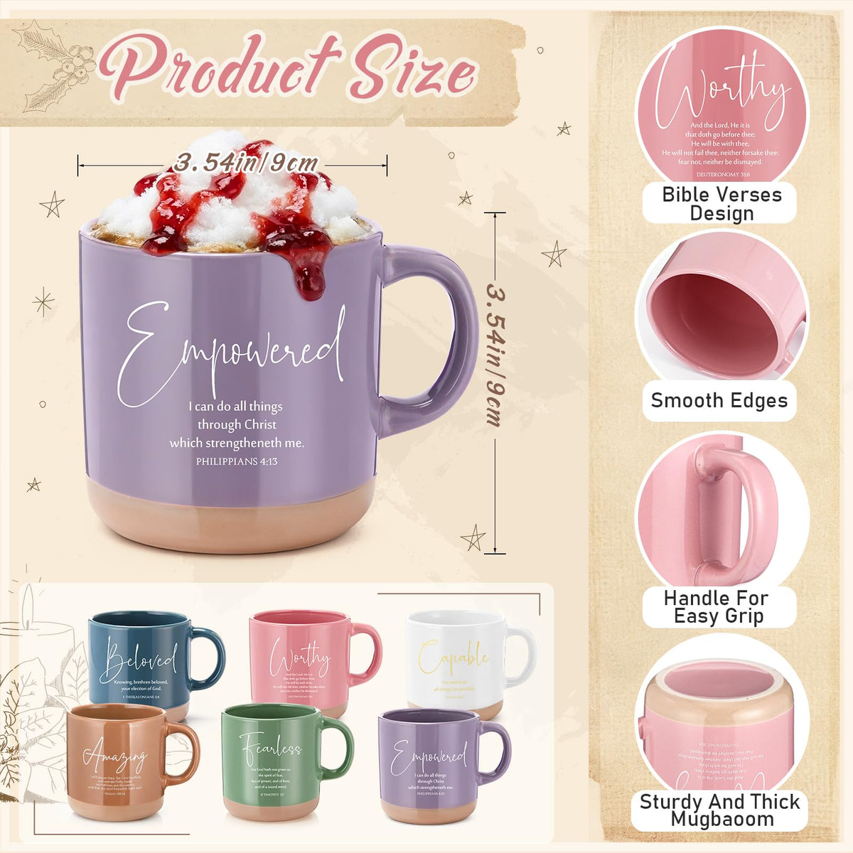 13 oz ceramic mug with faith-based word and Scripture verse
