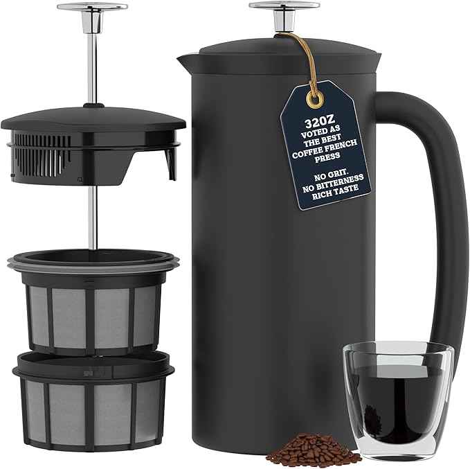 ESPRO P7 French Press Stainless Steel 304 – Patented Double Walled Micro-Filter Insulated French Press Coffee Maker, Grit-Free Brew - Heat Resistant BPA Free Coffee Maker - Matte Black (32oz)