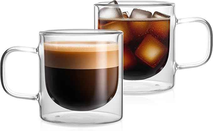 NIRA.Z 12 OZ Double Walled Glass Coffee Mugs Set of 2 Clear Coffee Cups with Handle 355ml Hand-Blown Insulated Glass Tea Cups for Hot & Cold Beverages, Cappuccino, Latte, Tea Bags, Espresso, Americano