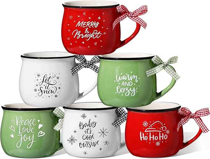 Sawysine Christmas Coffee Mugs Set of 6, 12 oz Ceramic Mug Gift Holiday Hot Cocoa for Family Mom Woman Friend Farmhouse (Classic Style)
