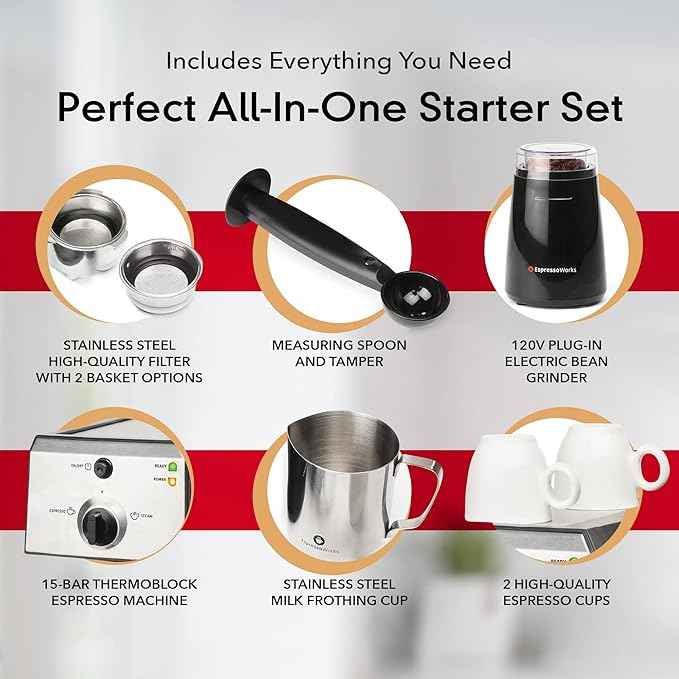 EspressoWorks All-In-One Espresso Machine with Milk Frother 7-Piece Set - Latte Maker Includes Grinder, Frothing Pitcher, Cups, Spoon and Tamper - Coffee Gifts (Stainless Steel)