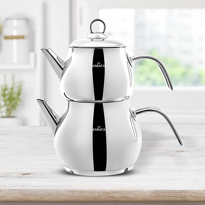 Karaca Layla Teapot Set, Medium, Stainless Steel, Tea Pot 1L (2.2lb), Kettle 1.75L (3.85lb), Silver, Transparent, Tea Maker, Kettle, Turkish Tea Kettle, Tea Maker, Induction Safe