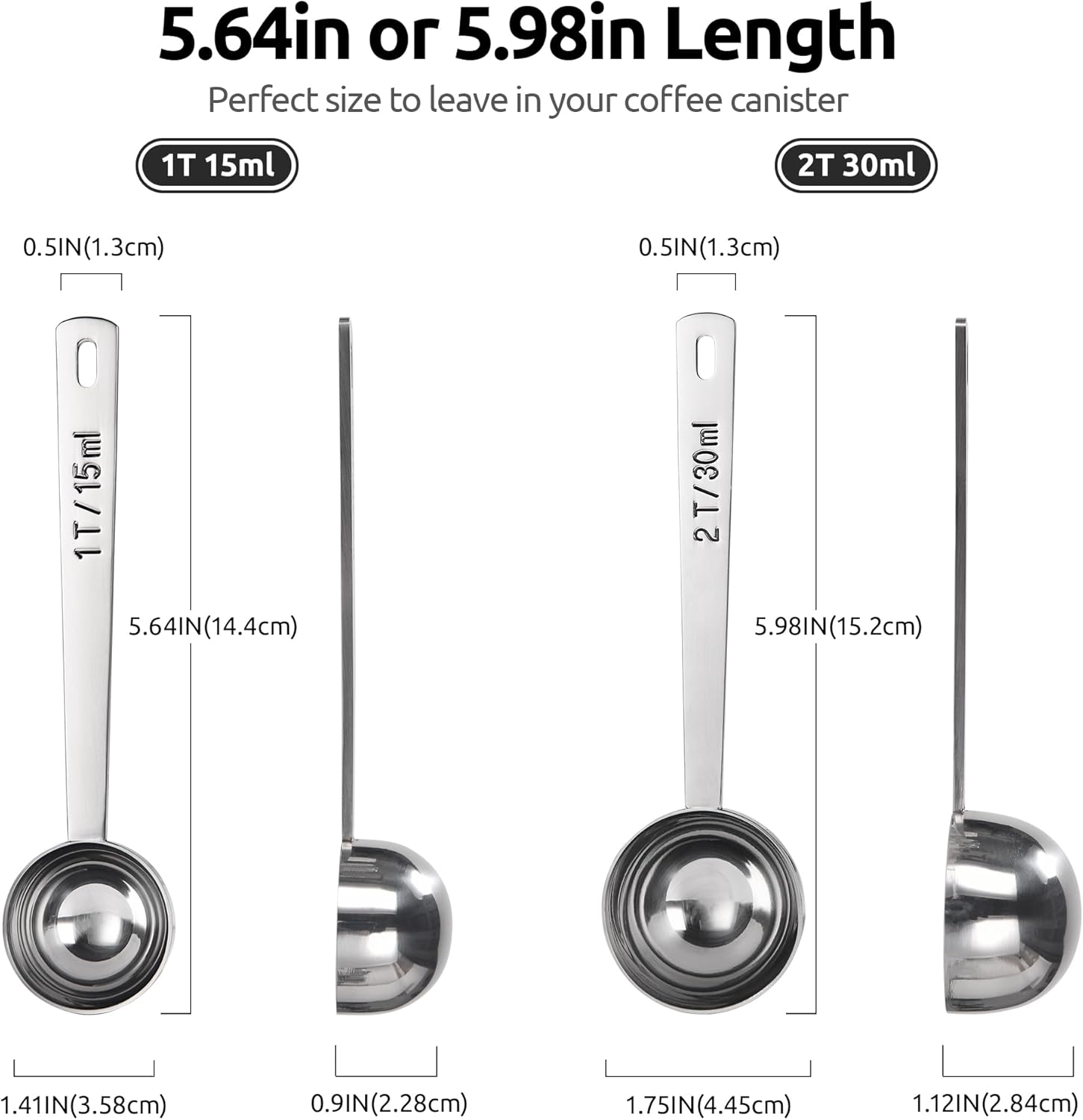 U-Taste Coffee Scoop 2 Tablespoon: 18/8 Stainless Steel Measuring Scooper for Ground Coffee, Bean, Powder, Espresso, 4.3in Long Handle Metal Measure Spoon for Canister, Jar (1Tbsp+2Tbsp / 15ml+30ml)
