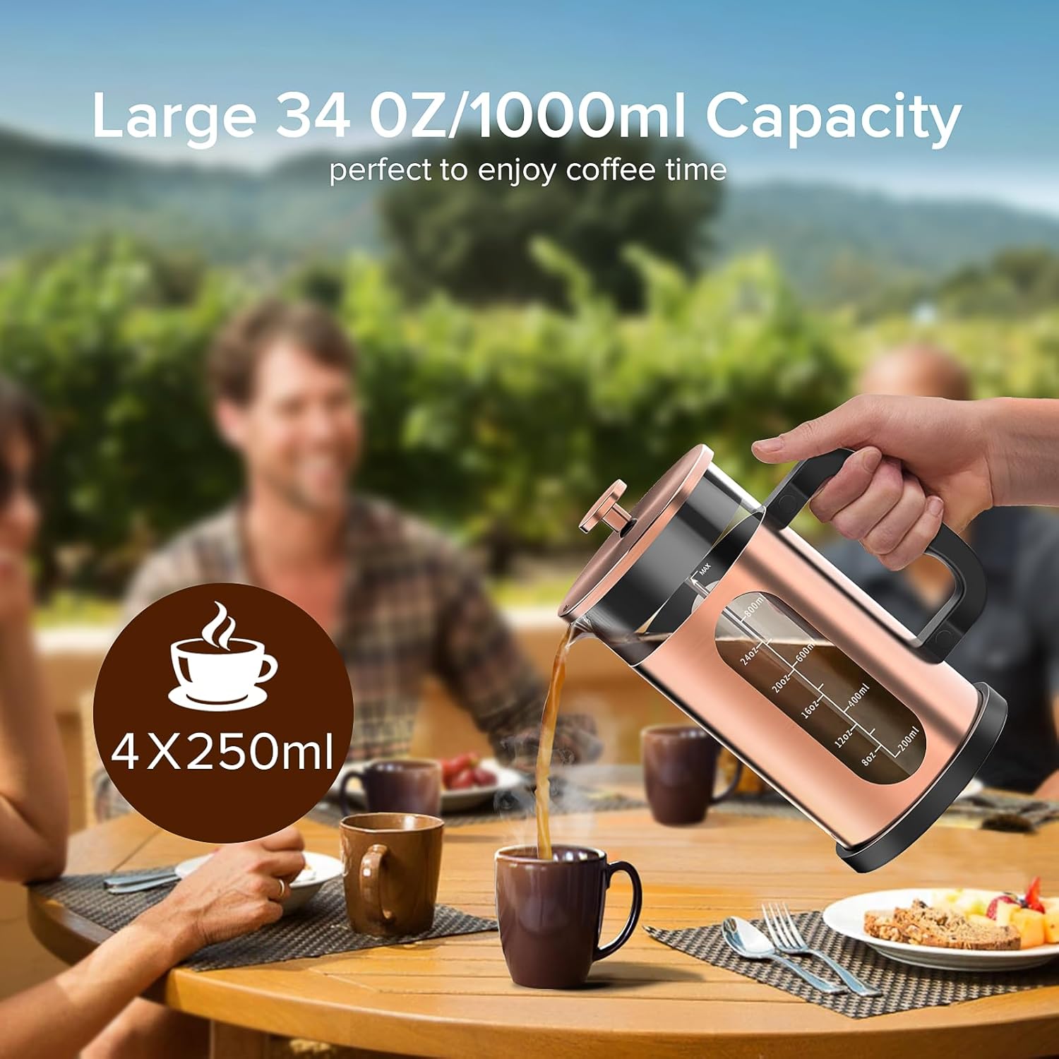 QUQIYSO French Press Coffee Maker, 304 Stainless Steel French Press with 4 Filter, Heat Resistant Borosilicate Glass, Easy to Clean, BPA Free Coffee Press Rust-Free Coffee Maker, 34 ounce, Copper - Blissbrew