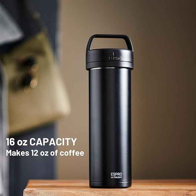 ESPRO P0 Ultralight French Press Coffee Maker for Travel, Vacuum Insulated Stainless Steel, 16 Ounces, Matte Meteorite Black