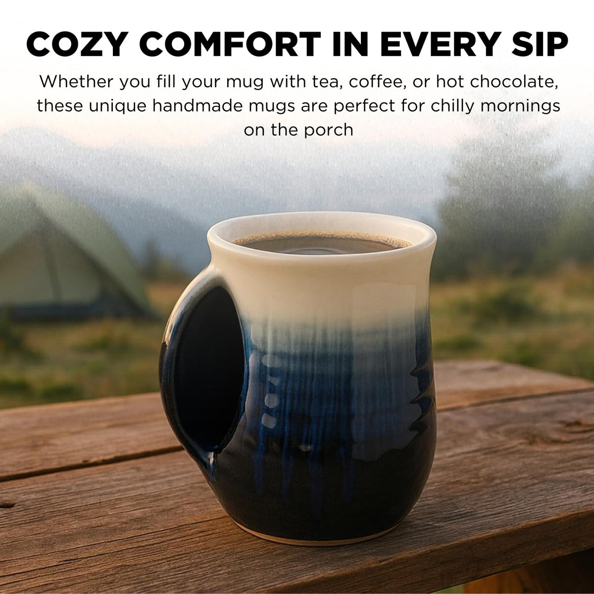 Side view of left-handed ceramic hand warmer mug