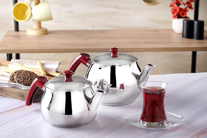DESTALYA Turkish Teapot Set | Stainless Steel Double Tea Pots for Stove Top | Tea Maker with Strainer | Samovar Tea Kettle, Water Heater (Midi with Red Handles)