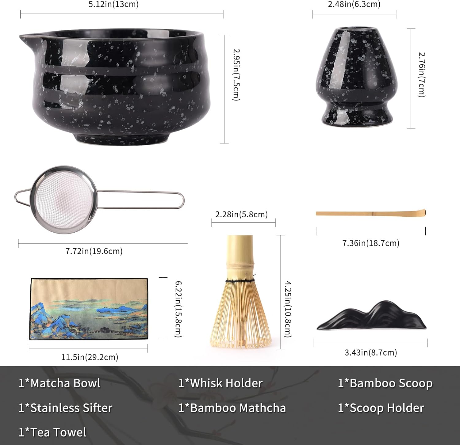 Japanese Matcha Whisk Set - 7-Piece Kit Bamboo Chasen, Ceramic Bowl with Spout, Stainless Steel Sifter & Holder Black