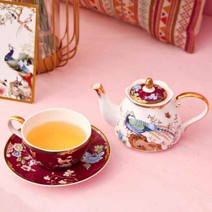 ACMLIFE Bone China Tea Set for One Teapot fnd Cup Set, Vintage Floral Tea Cup Set With Teapot and Saucer Set 12 Oz Bone China Tea for One Set Teapot and Cup Set for Gift