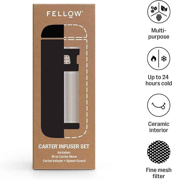 Fellow Carter Tea + Cold Brew Infuser & Carter Move 16 oz Tumbler Set - Steep Tea On-The-Go - Vacuum-Insulated Stainless Steel Travel Mug w/Snap-In Infuser For Steeping Tea, Cold Brew, Matte Black
