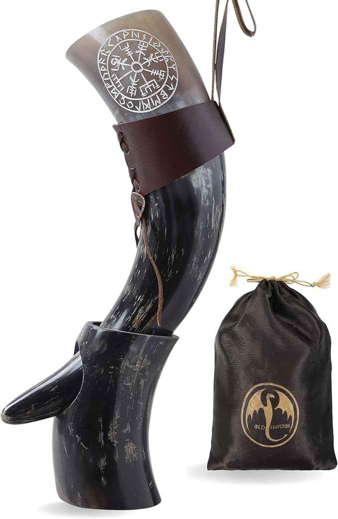 OLDEMPEROR Viking Drinking Horn - 12 Inch with Viking Compass Engraved & Leather Holster | Handmade Beer Cup | Food Grade | Unique Genuine Ox Horn| Natural Shine Finish| Viking Gift for Men & Women