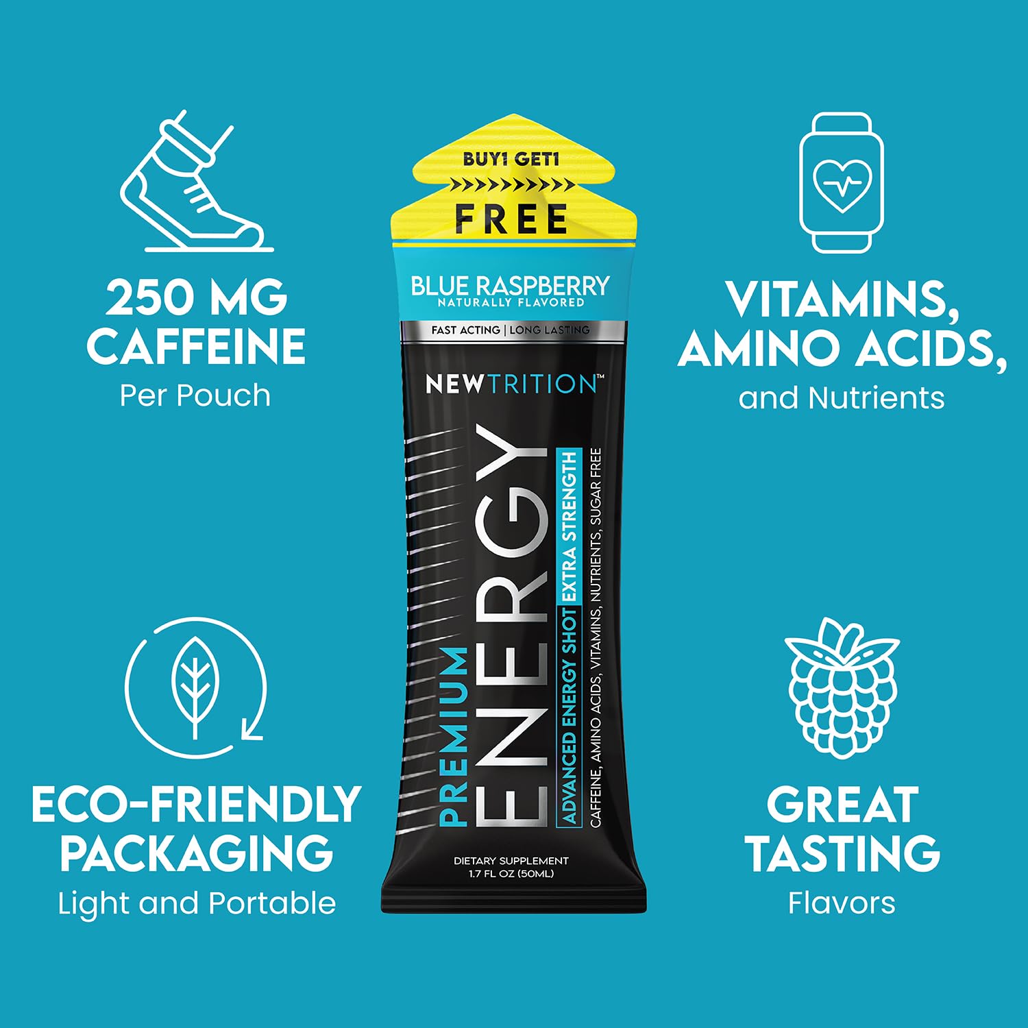NewTrition® Extra Strength Energy Shots, 250mg Caffeine Energy Shots with Vitamin B & Amino Acids, Sugar-Free Vitamin Energy Shot, 1.7 fl oz (Pack of 12, Blue Raspberry)