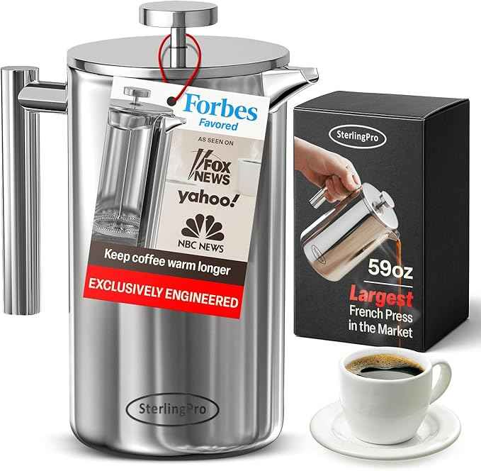 Stainless Steel French Press Coffee Maker 1.75 L (59 oz) Mirror – Double Walled Insulated Extra Large French Press, Durable Design Keeps Drinks Hot, Easy to Use and Clean for Rich Flavor
