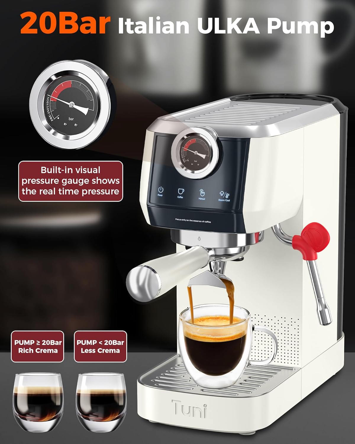 Tuni E2 58mm Espresso Machine 20Bar Espresso Maker, 𝐃𝐮𝐚𝐥 𝐁𝐨𝐢𝐥𝐞𝐫 Coffee Maker with 10mm Steam Milk Frother, Semi-automatic Coffee Machine with UKLA Pump for Espresso, Gift for Coffee Lover - Blissbrew