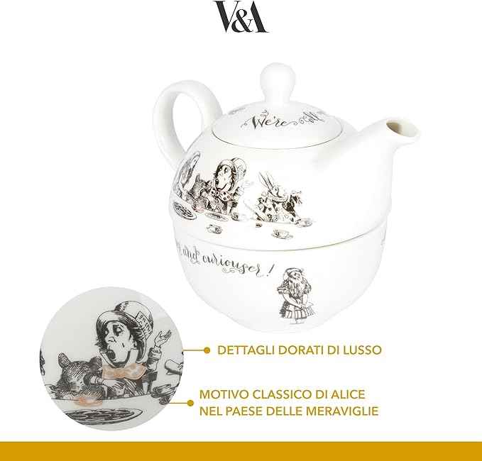 V&A Alice in Wonderland Teapot and Cup Set For 1 in Gift Box, Fine China Tea Set, White, 250 ml