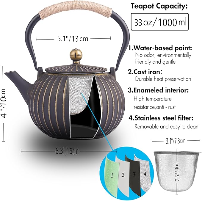 Cast Iron Teapot - Japanese Tetsubin 34oz (1000ml) Enamel Coated Interior with Removable Stainless Steel Infuser, Stovetop Safe Tea Kettle for Tea Ceremony, Black Gold
