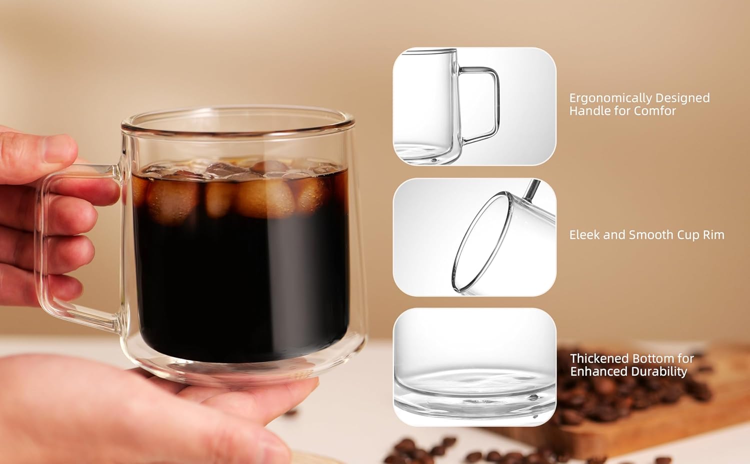 CNGLASS 15oz Double Walled Glass Coffee Mugs,Large Insulated Glass Mugs with Handle,Clear Coffee Cups for Espresso,Latte,Cappuccino,Tea,Set of 2