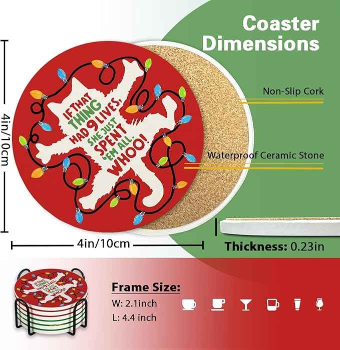 Christmas Vacation Drink Coasters with Holder Set of 6, Xmas Classic Movie Absorbent Ceramic Cup Mat for Coffee Table Protection, 4 Inch Funny Holiday Home Kitchen Decor Housewarming Gifts
