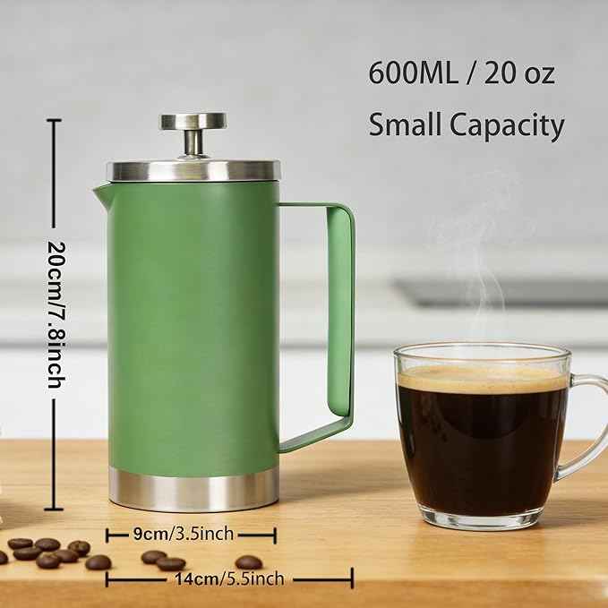 small French Press Coffee Maker 600ml, Double-Wall Insulated French Press Coffee Press Stainless Steel for travel camping, Silicone handle (2-4cup, 20 OZ) silver