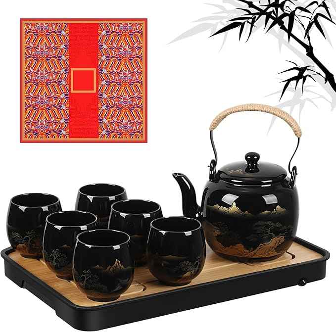 Hushee Japanese Tea Set in Gift Box Asian Porcelain Tea Set with 1 Teapot, 6 Cups, 1 Tray, 1 Stainless Infuser, Black Ceramic Chinese Teapot Valentine Gift for Adult Lover