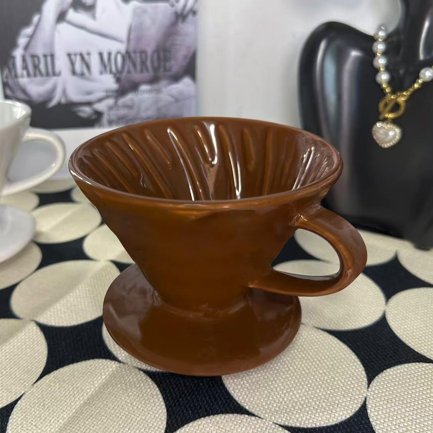 Pour Over Coffee Maker, Single Cup Coffee Dripper, Manual Porcelain Slow Brewing Accessories for Travel, Camping, Office, Home, Cafe, Coffee Gifts (Brown, Large,2-4Cups)
