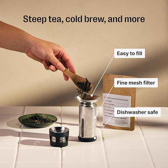 Fellow Carter Tea + Cold Brew Infuser & Carter Move 16 oz Tumbler Set - Steep Tea On-The-Go - Vacuum-Insulated Stainless Steel Travel Mug w/Snap-In Infuser For Steeping Tea, Cold Brew, Stone Blue
