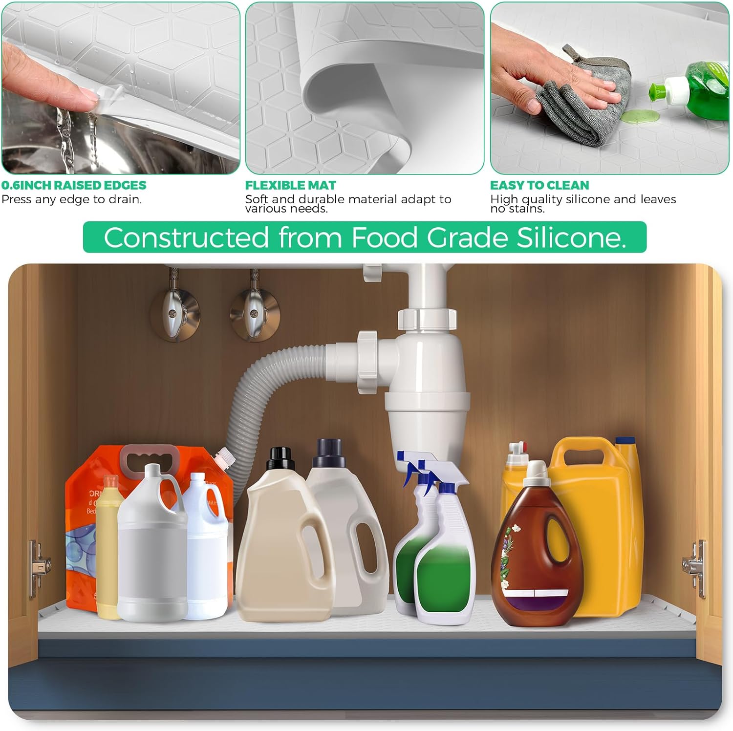 TRZZ Silicone Waterproof Under Sink Mat 34" x 22", Drip Tray and Cabinet Liner for Kitchen and Bathroom, Prevents Water Damage and Organizes Cabinets (Light Grey)