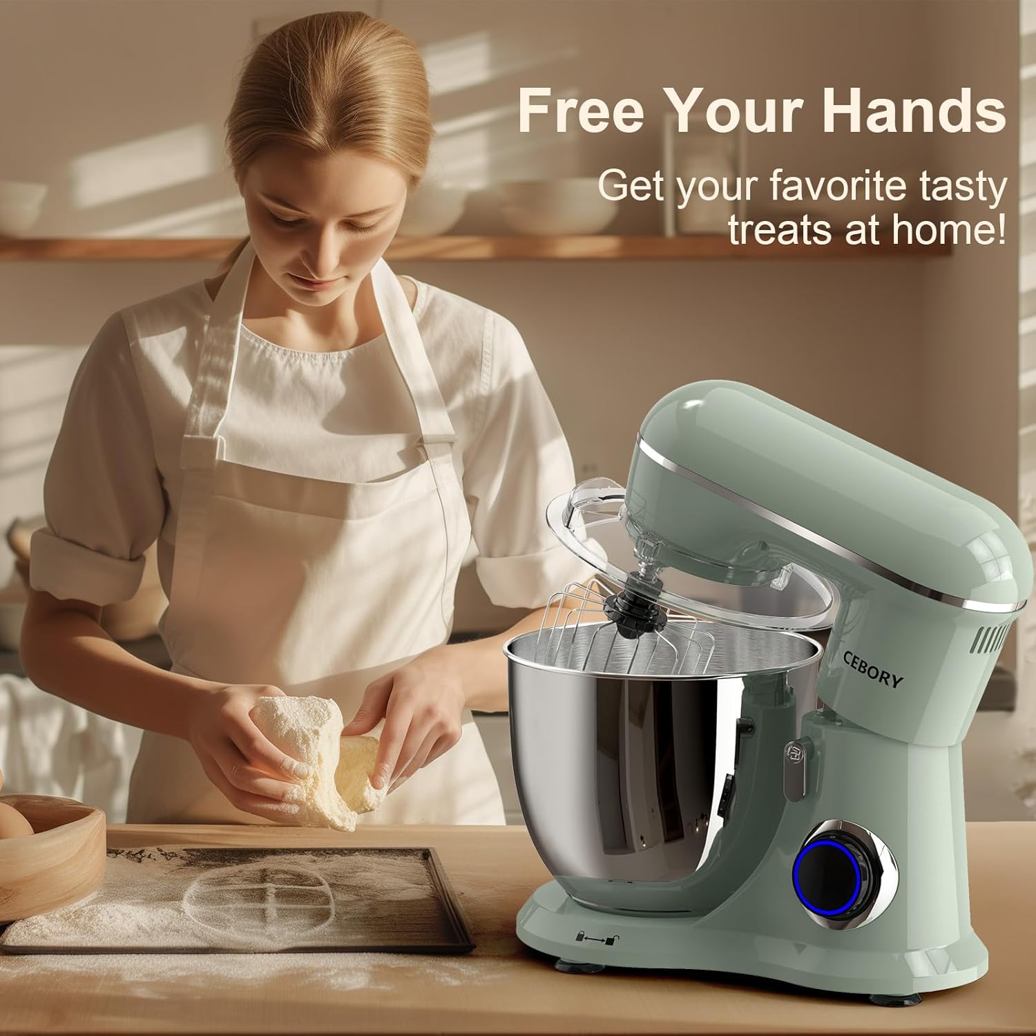 3-IN-1 Electric Stand Mixer, 6.5QT Bowl 660W 10-Speed Kitchen Mixer, Household Food Mixers include Dough Hook, Beater and Whisk, Bread Cake Mixer for Baking and Most Home Cooks, Green