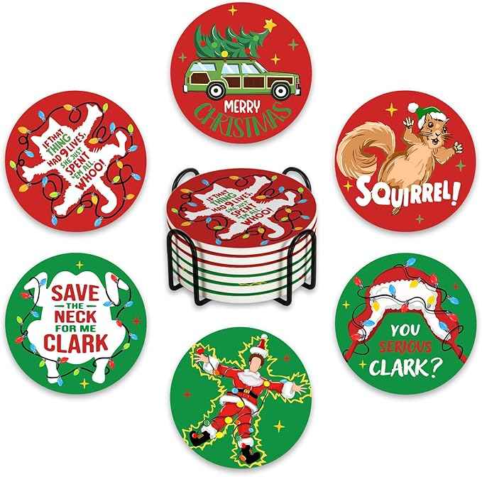 Christmas Vacation Drink Coasters with Holder Set of 6, Xmas Classic Movie Absorbent Ceramic Cup Mat for Coffee Table Protection, 4 Inch Funny Holiday Home Kitchen Decor Housewarming Gifts