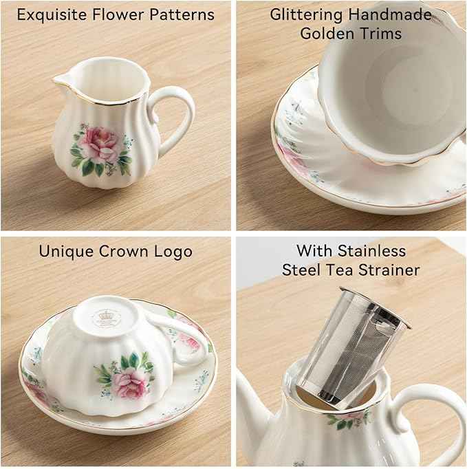 Sweejar Porcelain Tea Sets British Royal Series, 8 OZ Cups & Saucer Service for 6, with Teapot Sugar Bowl Cream Pitcher Teaspoons and Tea Strainer, Suitable for High Tea, Wedding, Party(Blush Pink)