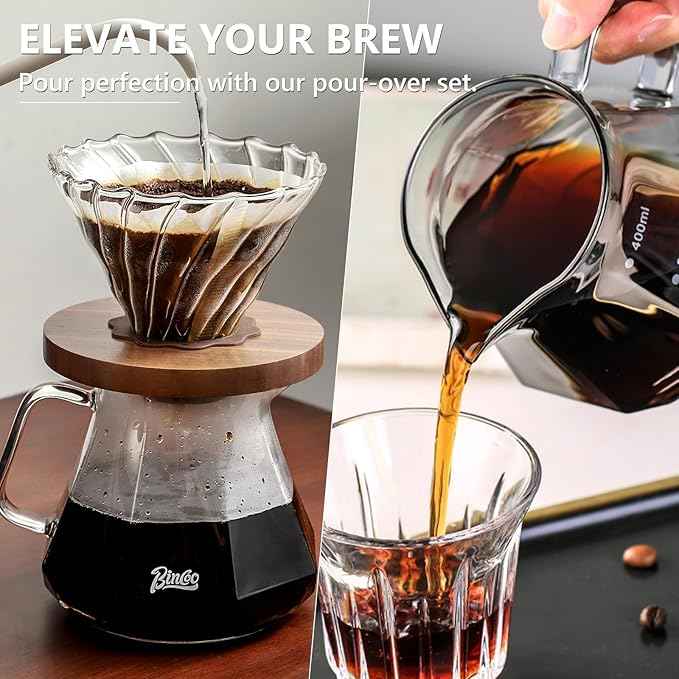 Bincoo Pour Over Coffee Maker Set - Borosilicate Glass Dripper with Walnut Handle & Glass Lid, 50 pcs Paper Filters Included - 600ml Pour Over Coffee Dripper for Home, Café, & Camping (Dark Gray)