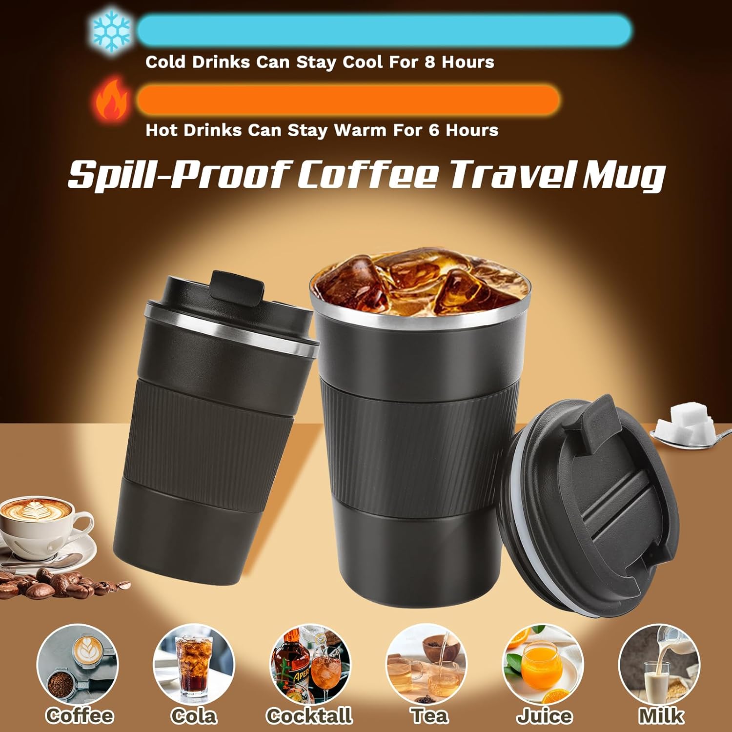 Vacuum-Insulated Stainless Steel Travel Coffee Mug, Leak-Proof Reusable Coffee Cup with Lid - Keep Hot & Cold Drinks for Hours, Durable Thermos Tumbler for Men & Women (3rd-Black, 12OZ)