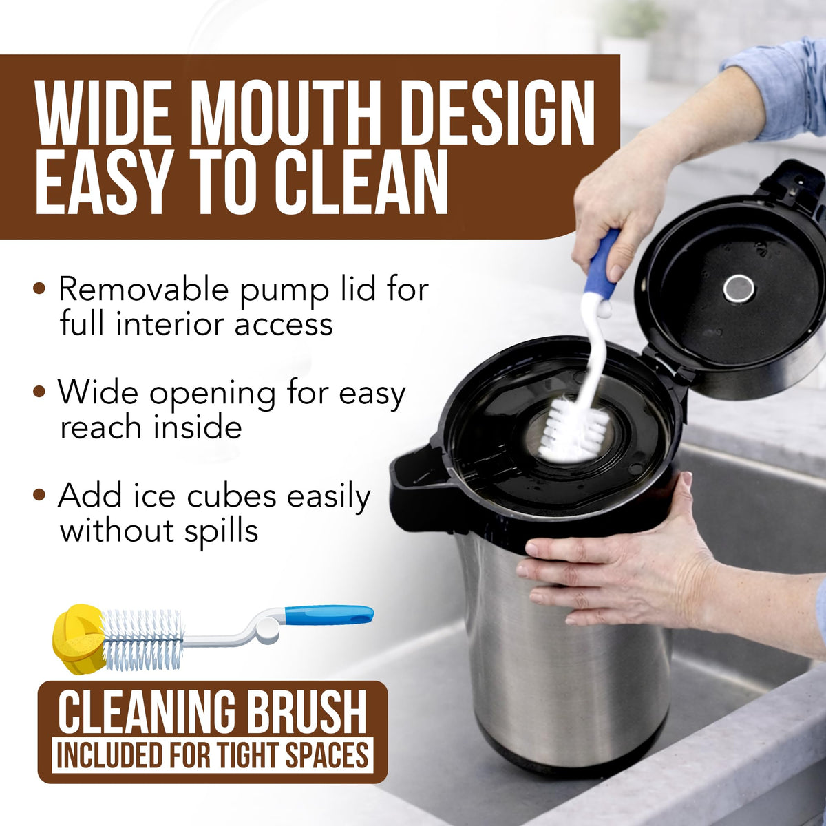 Airpot dispenser with included cleaning brush