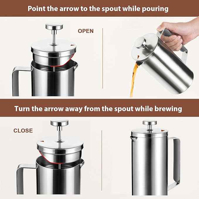 small French Press Coffee Maker 600ml, Double-Wall Insulated French Press Coffee Press Stainless Steel for travel camping, Silicone handle (2-4cup, 20 OZ) silver