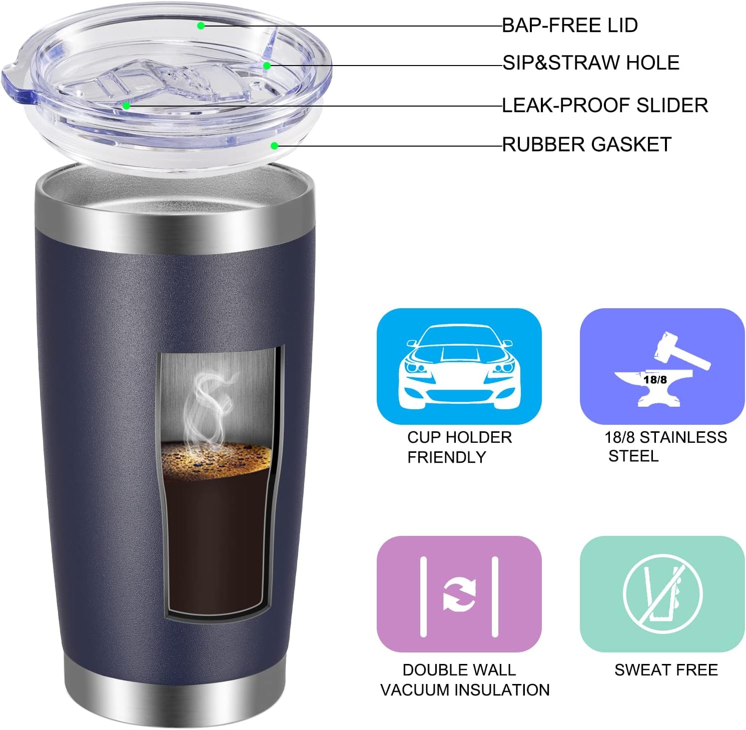 VEGOND 20oz Tumbler with Lid and Straw Stainless Steel Tumbler Cup Bulk Vacuum Insulated Double Wall Travel Coffee Mug Powder Coated Coffee Cup(Navy Blue 6 Pack