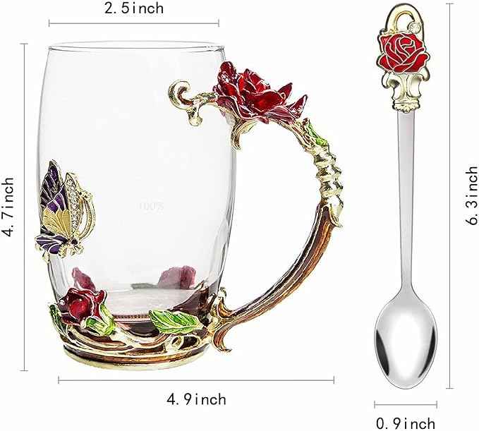 Tea Cup Gifts for Mom Women Mothers Day Glass Coffee Enamels Mug Birthday Butterfly Rose Gifts for Her Valentines Day Christmas Tea Cup with Spoon