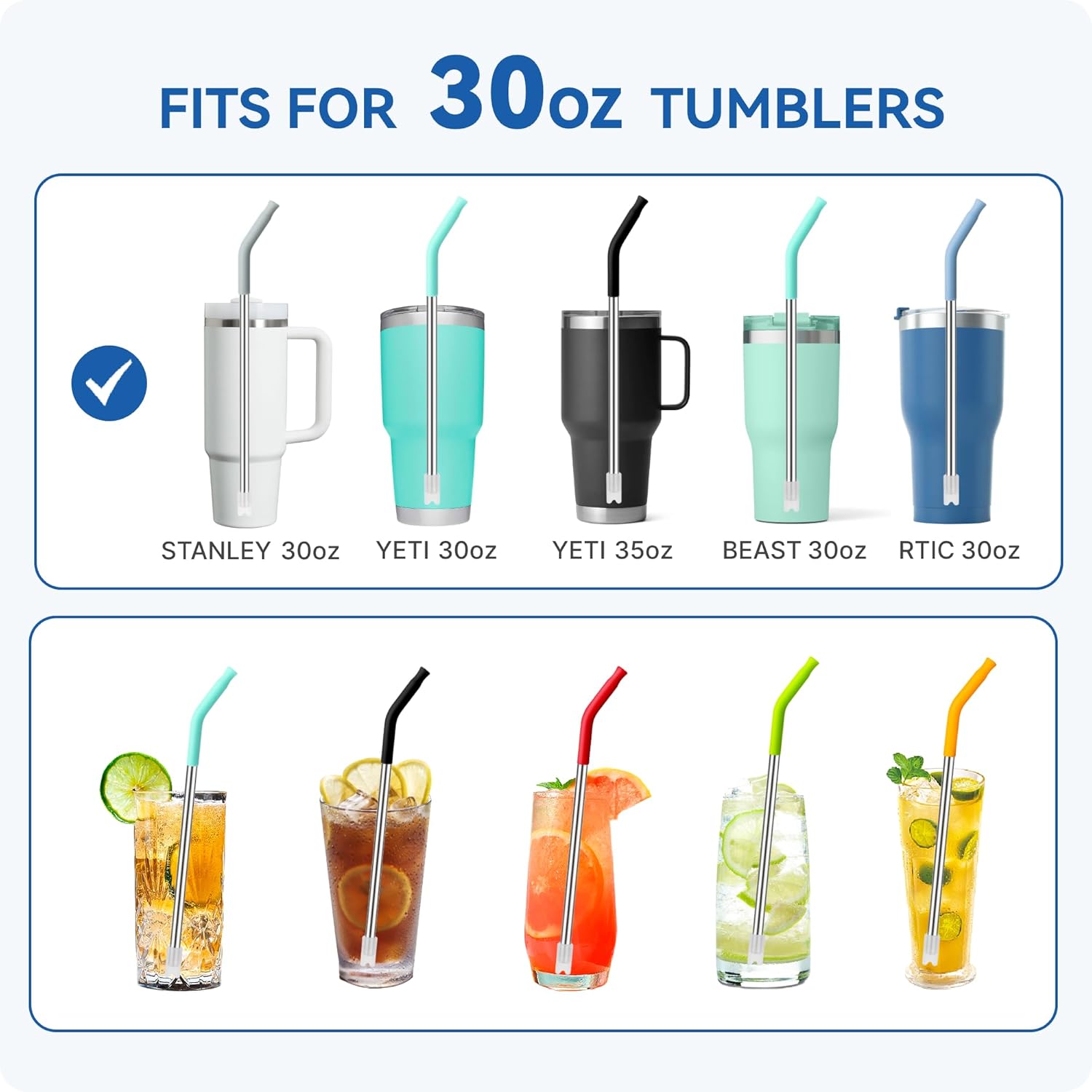Reusable Metal Straws with Silicone Tip for Stanley 30oz,Stainless Steel Drinking Straws for 30oz Tumbler,3 Straight Tubes & 6 Tips& 1 Cleanr Brush (Transparent)