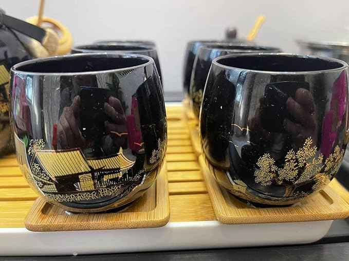 Japanese Tea Set, Black Glazed Tea Set in Gift Box With 1 Teapot, 1 Tea Strainer, 1 Tea Tray and 6 Tea Cups. Ideal Tea Set for Office Home, Asian Tea Sets for Tea Lovers(Country Black)