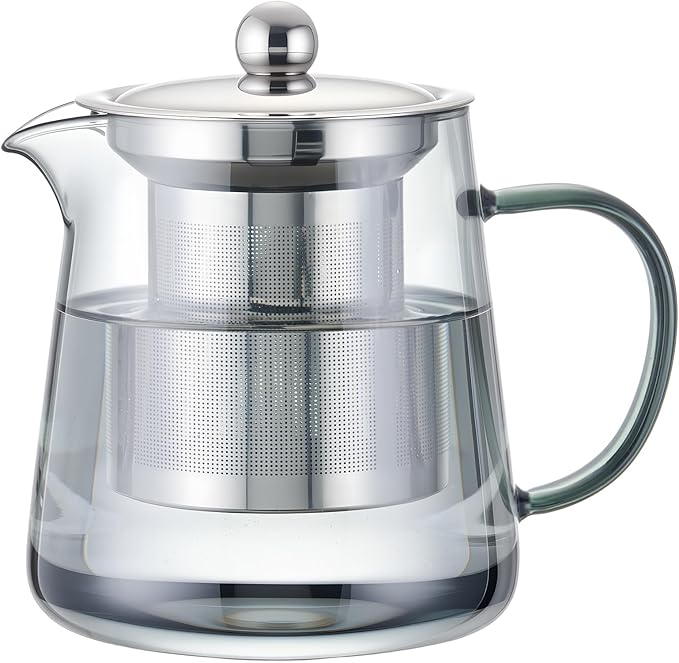 PARACITY Glass Teapot Stovetop 55ml/18.6oz, Borosilicate Clear Tea Kettle with Removable 18/8 Stainless Steel Infuser, Teapot Blooming and Loose Leaf Tea Maker Tea Brewer for Camping